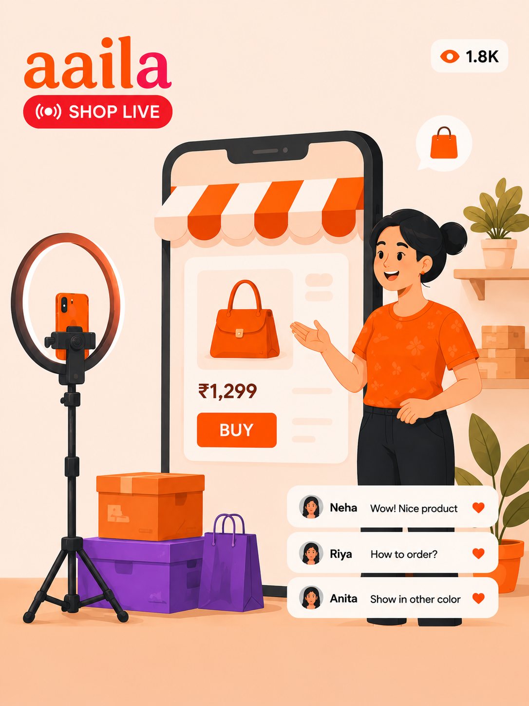 A live stream on Aaila with the product card, price and Buy button shown beside live chat
