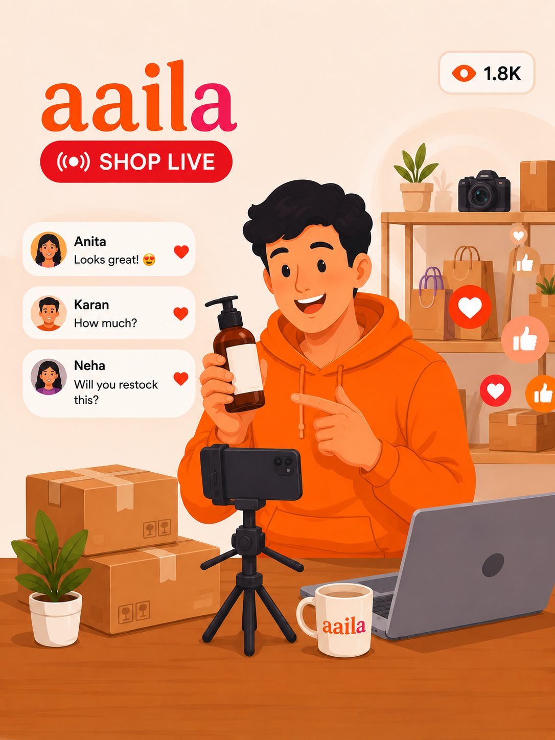 A seller going live on Aaila, holding up a product while viewers react and ask questions